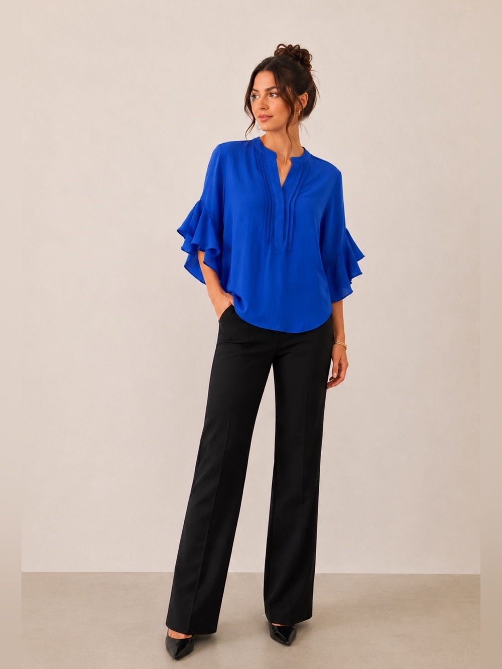 NWT Vince Camuto Split Neck Ruffle Sleeve Blouse Deep Azure Size XS - Picture 3 of 15